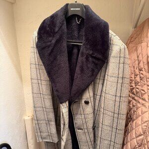 Vintage Herringbone Plaid Overcoat Faux Fur Collar Wool Blend – Men’s L